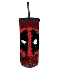 Silver Buffalo Marvel Deadpool Splatter Logo Plastic Tall Cold Cup With Lid And Straw, 20 Oz Disney