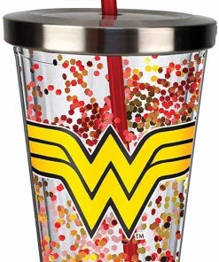 Spoontiques Wonder Woman Logo Glitter Cup W/Straw, One Size, Red & Gold