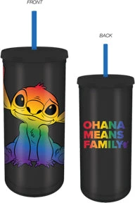 Silver Buffalo Disney Pride Stitch Ohana Mean Family 20 Oz. Cup W/Lid And Straw Houseware