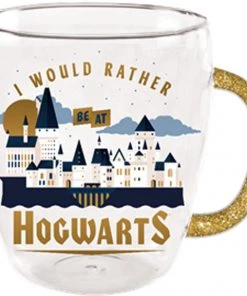 Silver Buffalo Harry Potter Rather Be Hogwarts 14oz Glitter Handle Glass Mug