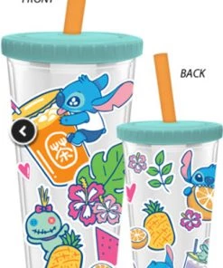 Silver Buffalo Lilo & Stitch - Tropical Fruit Stickers 24oz Plastic Boba Tumbler W/Lid & Straw