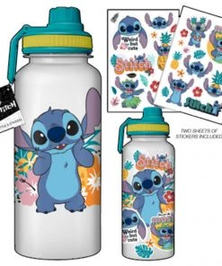 Silver Buffalo Lilo & Stitch Flower Badges 32oz Twisted Spouted Plastic Bottle W/Sticker Set