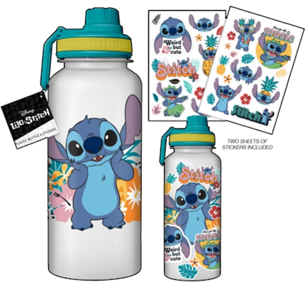 Silver Buffalo Lilo & Stitch Flower Badges 32oz Twisted Spouted Plastic Bottle W/Sticker Set 3 Silver Buffalo Lilo & Stitch Flower Badges 32oz Twisted Spouted Plastic Bottle W/Sticker Set