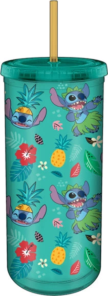 Silver Buffalo Stitch Hula Tropical Summer Pattern 20oz Plastic Tall Cold Cup W/Lid And Straw