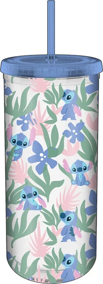 Silver Buffalo Lilo & Stitch- Floral Pattern 20oz Plastic Tall Cold Cup W/Lid & Straw