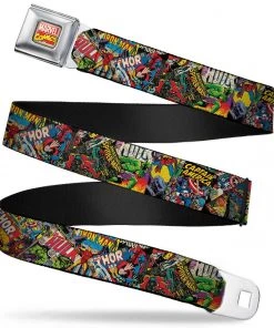 Buckle-Down MARVEL COMICS Marvel Comics Logo Full Color ADULT Seatbelt Belt - Retro Marvel Comic Books Stacked CLOSE-UP Webbing
