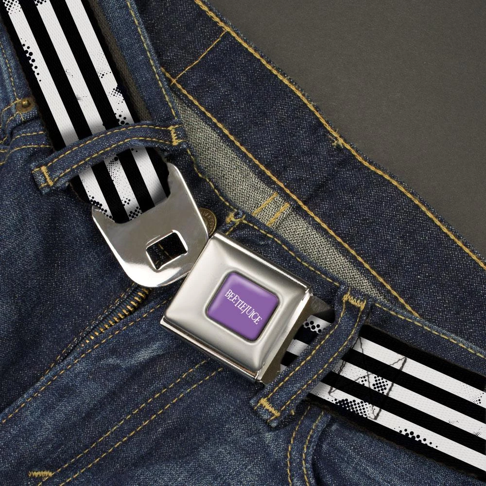 Buckle-Down Beetlejuice Text Logo Full Color Purple/White Suit Striping Black Seatbelt Belt 4 Buckle-Down Beetlejuice Text Logo Full Color Purple/White Suit Striping Black Seatbelt Belt