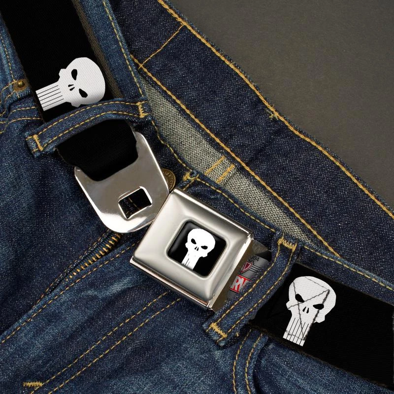 Buckle-Down Punisher Logo3 Full Color Black/White Seatbelt Belt 4 Buckle-Down Punisher Logo3 Full Color Black/White Seatbelt Belt