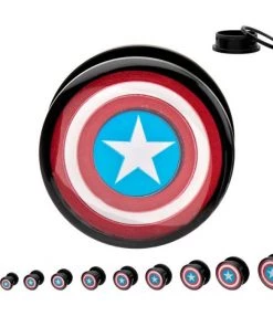 Body Vibe Marvel Black Acrylic Screw Fit Captain America Logo Plug