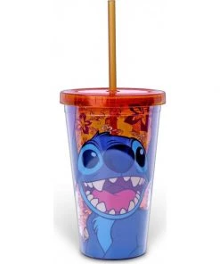 Silver Buffalo Disney - Lilo And Stich - Happy Stitch 16oz Plastic Cold Cup W/Lid & Straw