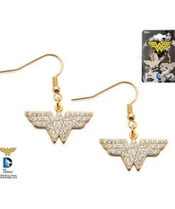 Body Vibe Gold IP Clear CZ Wonder Woman Hook Dangle Earrings DC Comics